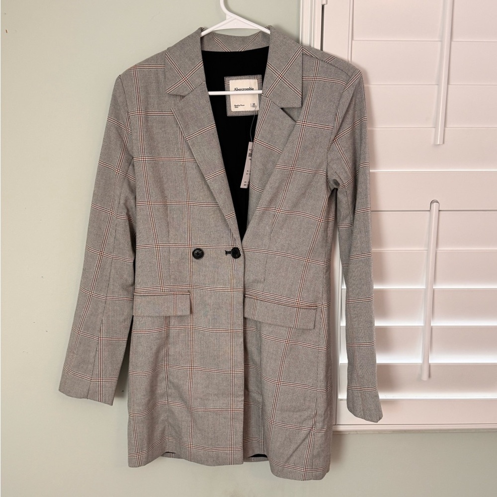 Abercrombie & Fitch Plaid Longline Blazer XS Brown Orange Check